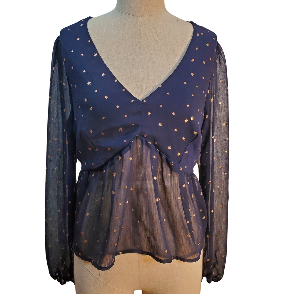 Mi Ami Gold Star Print Blouse Sheer Long Sleeve Peplum Top Navy Blue Size L‎